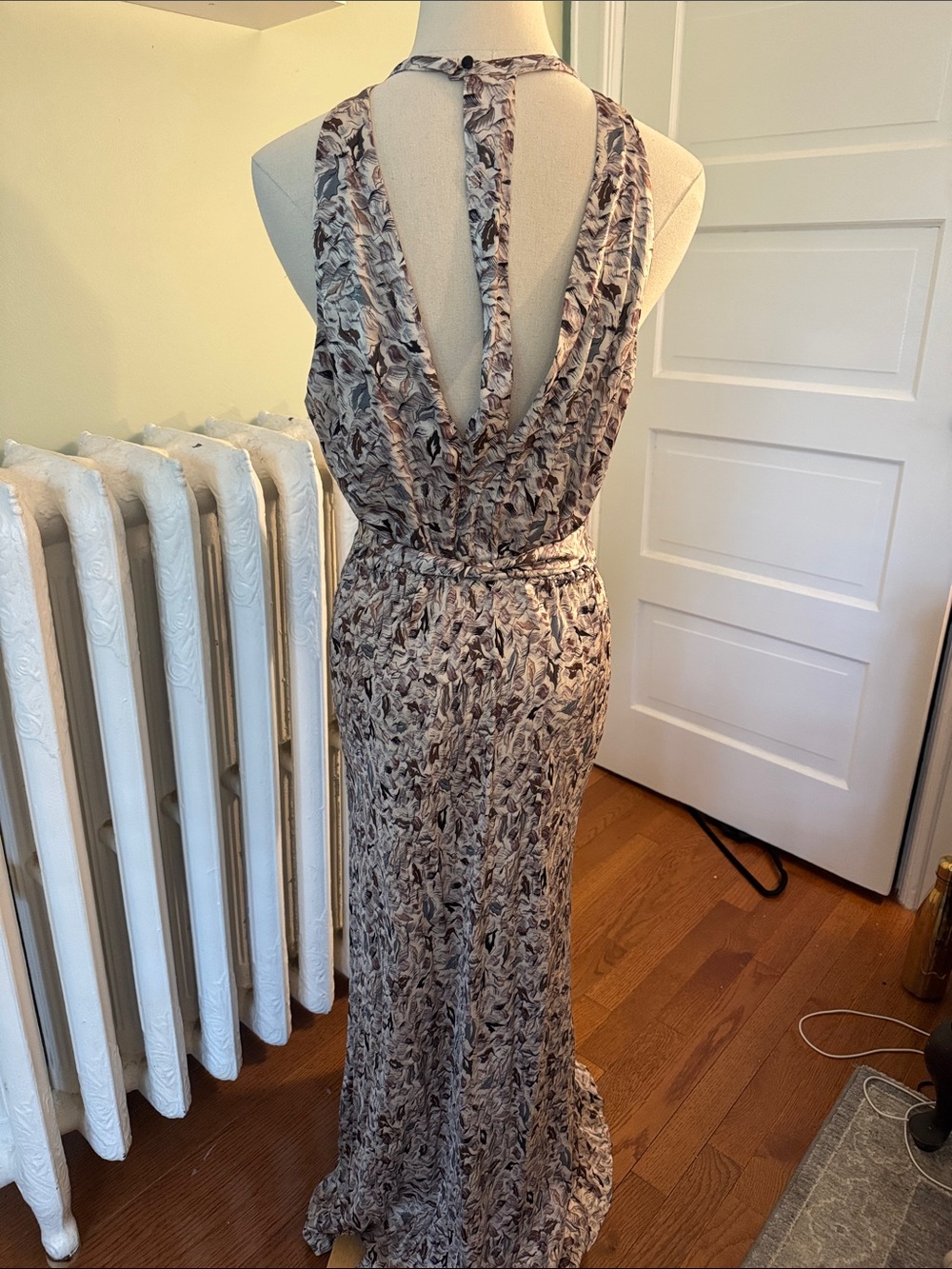 NWT silk blend Burning Torch Printed Maxi Dress w/ cutout back